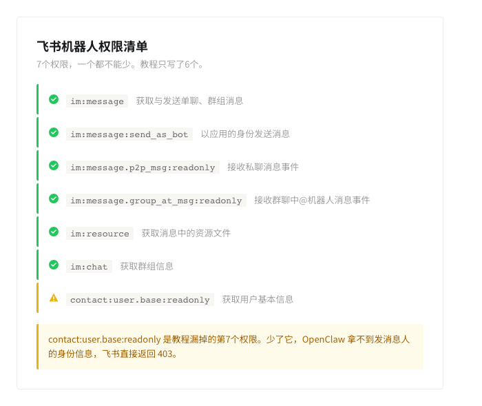 飞书机器人完整权限清单 — 7个一个都不能少